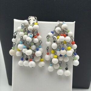 Vintage Japan multi strand multicolor cha-cha dangle clipon earrings mid century
